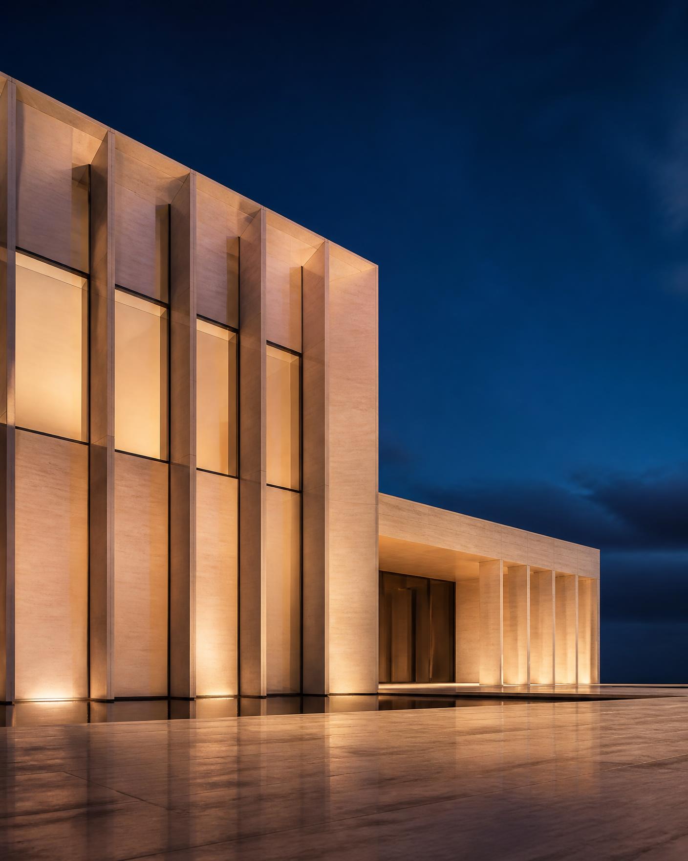 Minimalist stone and glass private office facade illuminated at dusk